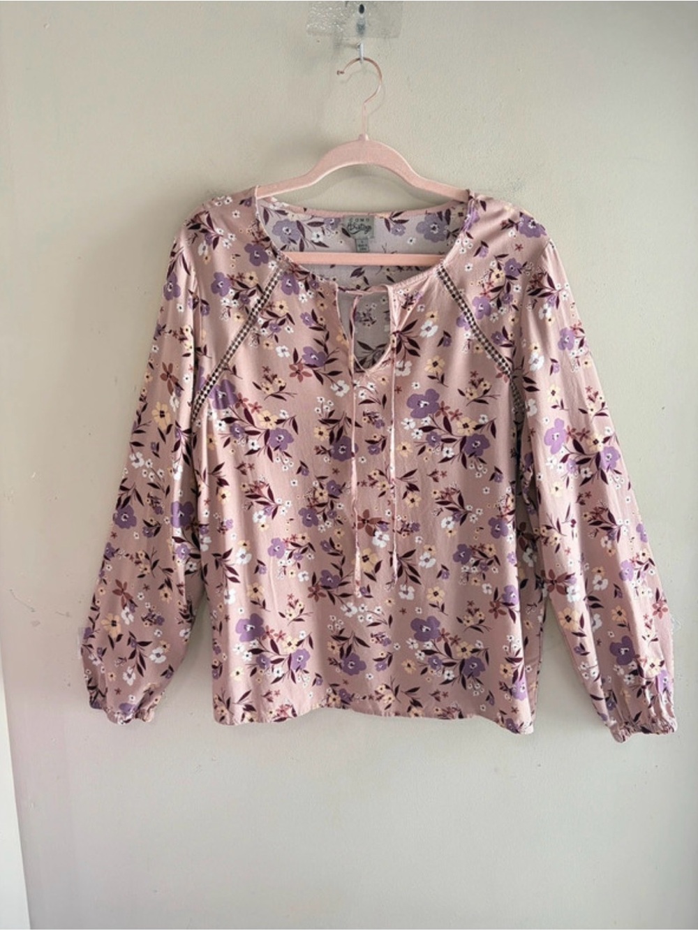 COMO VINTAGE Pink Floral Long-Sleeve Blouse, Large